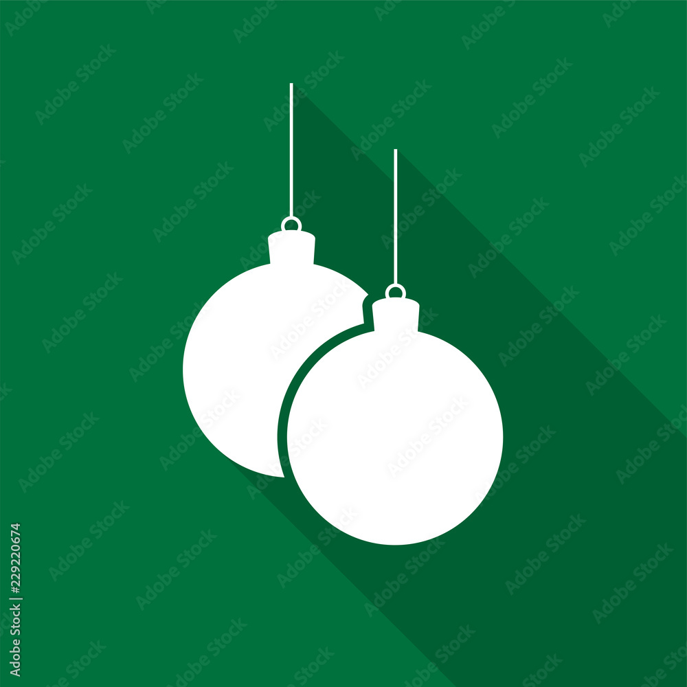 Poster white christmas balls icons on a string with long shadow on green background. vector illustration ep