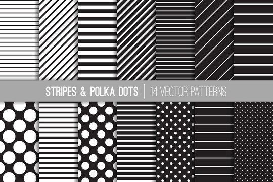 Black and White Diagonal and Horizontal Stripes and Polka Dots Vector Patterns. Set of Modern Minimal Backgrounds. Variable Size Dots & Lines. Repeating Pattern Tile Swatches Included.