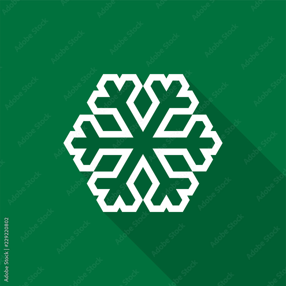 Poster white snowflake outline icon with long shadow on green background. vector illustration eps 10
