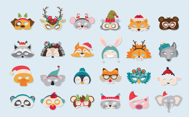 Collection of winter animal masks and Christmas photo booth props for kids. Cute cartoon masks and elements for a party. vector illustration