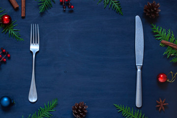Christmas New Year food concept frame on the dark wooden table. Holiday top view. Copy space