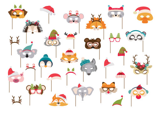 Collection of winter animal masks and Christmas photo booth props for kids. Cute cartoon masks and elements for a party. Christmas party banner template. vector illustration