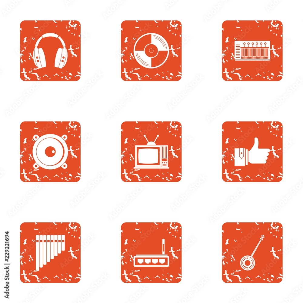 Poster playing the instrument icons set. grunge set of 9 playing the instrument vector icons for web isolat