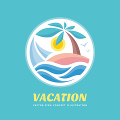 Summer travel vacation vector logo concept illustration in circle shape. Paradise beach color graphic sign. Sea resort, sun, palm tree and waves.