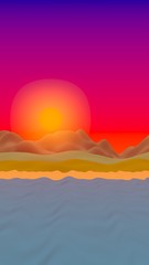 Sun Sea Beach. Sunrise. Ocean shore line with waves on a beach. Island beach paradise with waves. Vacation, summer, relaxation. Seascape, seashore. Minimalist landscape, primitivism. 3D illustration