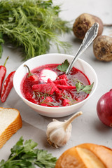 Borscht on the bowl. with vegetables