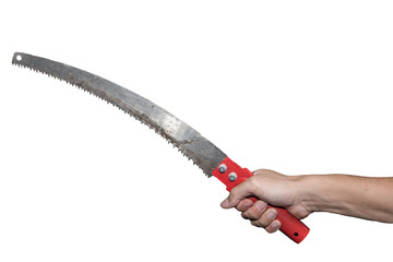 The man holding a Saw blade isolated on white, killer concept, horror theme , Halloween concepts