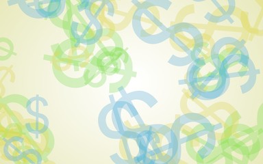 Multicolored translucent dollar signs on white background. Green tones. 3D illustration