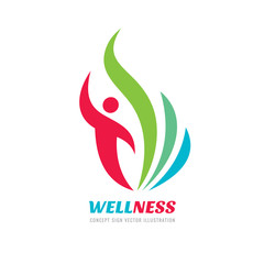 Wellness - vector business logo concept illustration. Abstract human character silhouette with green leaves creative sign. Health people symbol. Nature icon. Happiness emblem. Graphic design element. 
