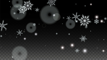 Christmas  Vector Background with White Falling Snowflakes Isolated on Transparent Background. Realistic Snow Sparkle Pattern. Snowfall Overlay Print. Winter Sky. Design for Party Invitation.