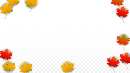 September Vector Background with Golden Falling Leaves. Autumn Illustration with Maple Red, Orange, Yellow Foliage. Isolated Leaf on Transparent Background. Bright Swirl. Suitable for Posters.