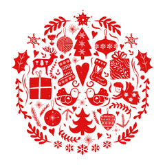 Christmas toy ball. Red decor folk scandinavian nordic style. Lots decorative elements compose in circle: gift box, socks, tree, angel, star, ball, bird and floral elements. Holiday poster, greeting c