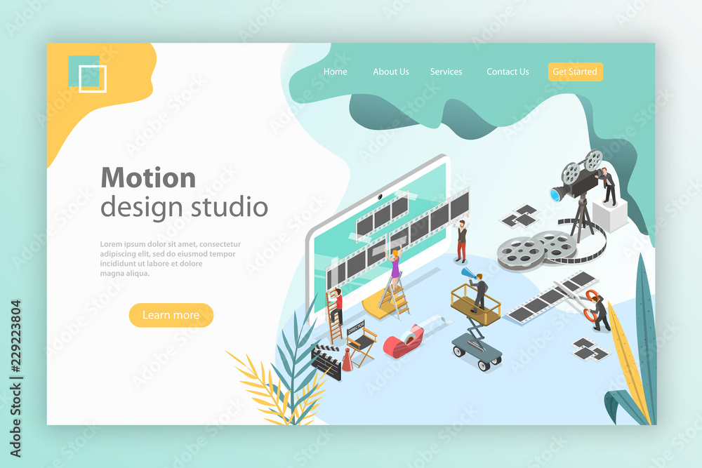 Poster isometric flat vector landing page template for motion design studio, video editor app, creating vid