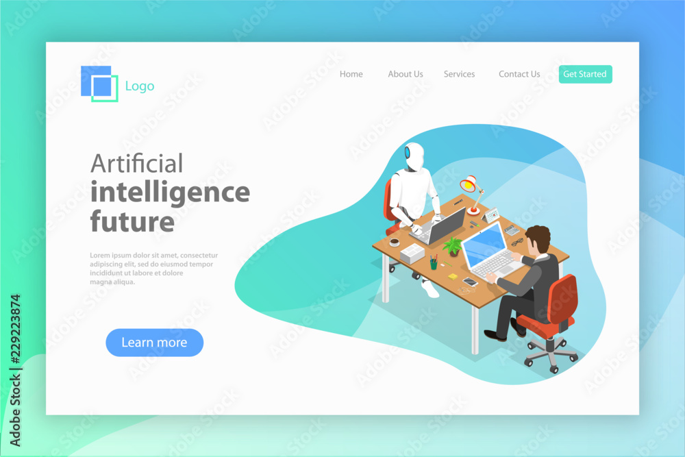 Poster flat isometric vector landing page for ai future, robot and human cooperation, artificial intelligen
