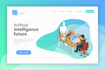 Flat isometric vector landing page for AI future, robot and human cooperation, artificial intelligence, business automation.