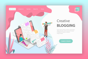 Isometric flat vector landing page for creative blogging, commercial blog posting, copywriting, content marketing strategy.