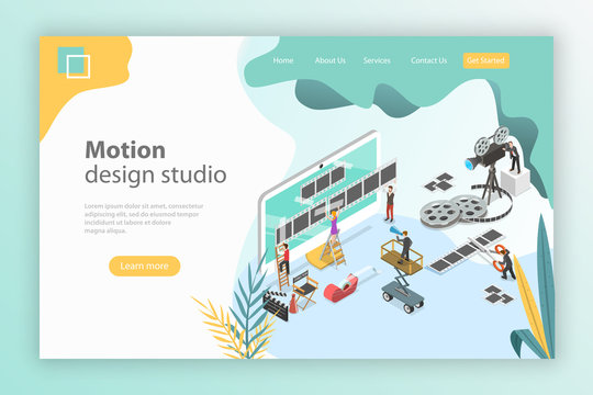 Isometric flat vector landing page template for motion design studio, video editor app, creating video online.