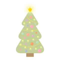 Vector illustration of christmas tree decorated with star, balls, garlands. Flat style vector illustration isolated on white background.