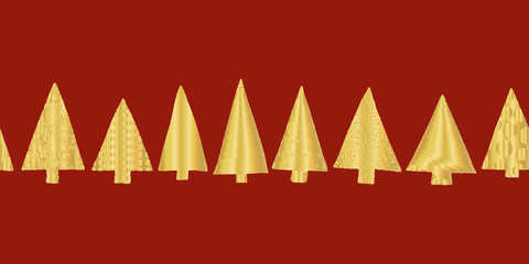 Gold foil christmas tree seamless vector pattern border. Shiny golden texture doodle Christmas trees in row on red background. Elegant luxurious design for Christmas card, gift wrap, party invitation