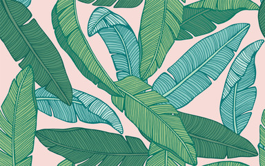 Seamless tropical pattern with banana leaves. Hand drawn vector illustration