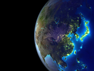 Fototapeta na wymiar Asia on extremely high detailed beautifully textured 3D model of Earth with city lights.