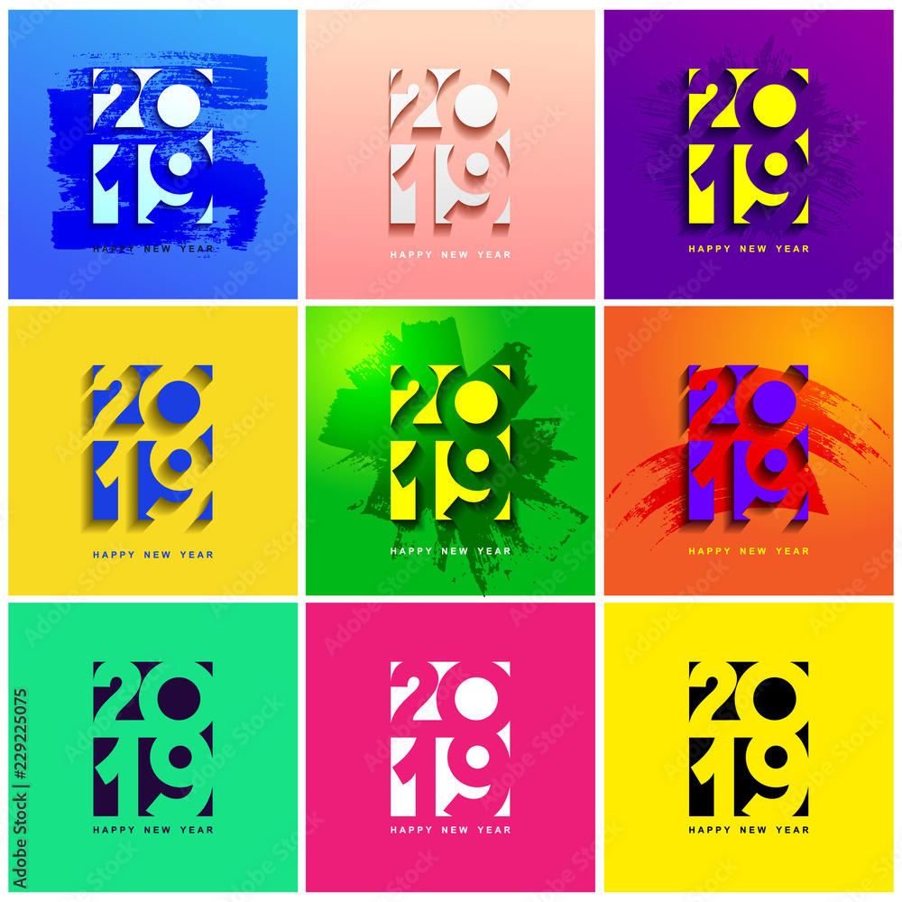 Poster set of happy new year 2019. vector greeting card with halftone gradient. cover of business diary for