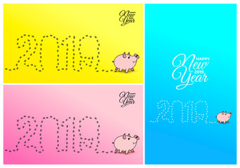 Happy new year 2019. Footpath trail of pig prints 2019. Chinese new year greeting card. Vector illustration. Isolated on yellow, pink and blue background.