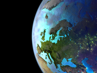 Fototapeta premium Europe on extremely high detailed beautifully textured 3D model of Earth with city lights.