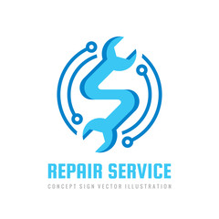 Repair service vector logo template concept illustration. Wrench symbol. Abstract technology electronic sign. Design element. 