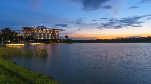Sunset at Putrajaya Lake with The Steel Mosque, Putrajaya. Time lapse Zoom Out