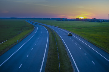 sunset on the motorway, top view,
