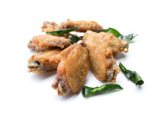 Fried chicken wings and crispy garlic isolated on white background