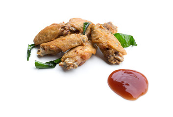 Fried chicken wings and ketchup isolated on white background