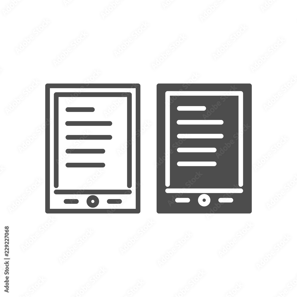 Poster Tablet ereader line and glyph icon. Digital tablet with text vector illustration isolated on white. Ebook outline style design, designed for web and app. Eps 10.