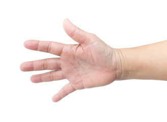 Female hand and fingers showing number five isolated on white