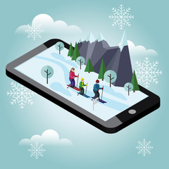 Isometric happy family skiing. Mobile navigation. Videos and photos keeped in phone memory. Cross country skiing, winter sport. Olimpic games, recreation lifestyle, activity speed extreme