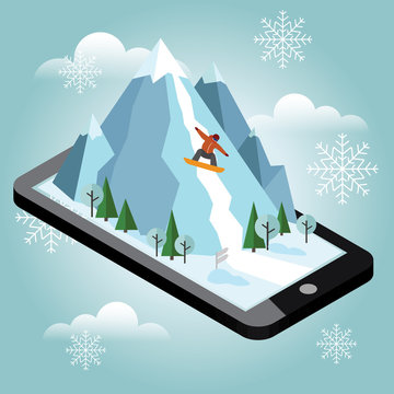 Isometric vector man pulls off the mountain. Mobile navigation. Videos and photos keeped in phone memory. Snowboarding, winter sport. Olimpic games, recreation lifestyle, activity speed extreme