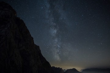 Milky way next to the silhouette of a mountain