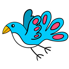 Cartoon blue flying bird isolated on white background. Vector illustration.