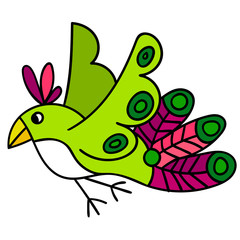 Green cartoon flying bird isolated on white background. Vector illustration.