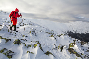 Tourist hiker in bright red clothing with walking sticks descending dangerous rocky mountain slope...