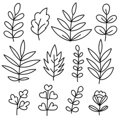 Big set of black hand drawn thin line cute doodle floral icons, flowers, peony, laurel, wreath. Design element collection isolated on white. Vector illustration.