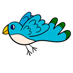 Cartoon blue flying bird isolated on white background. Vector illustration.
