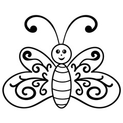 Doodle butterfly, cartoon happy bug isolated on white background. Vector illustration.