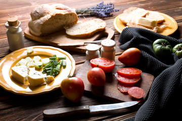 Breakfast on dark wood