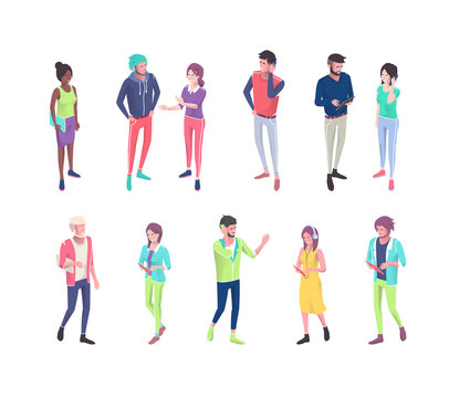 Set of isometric people with different gadgets.