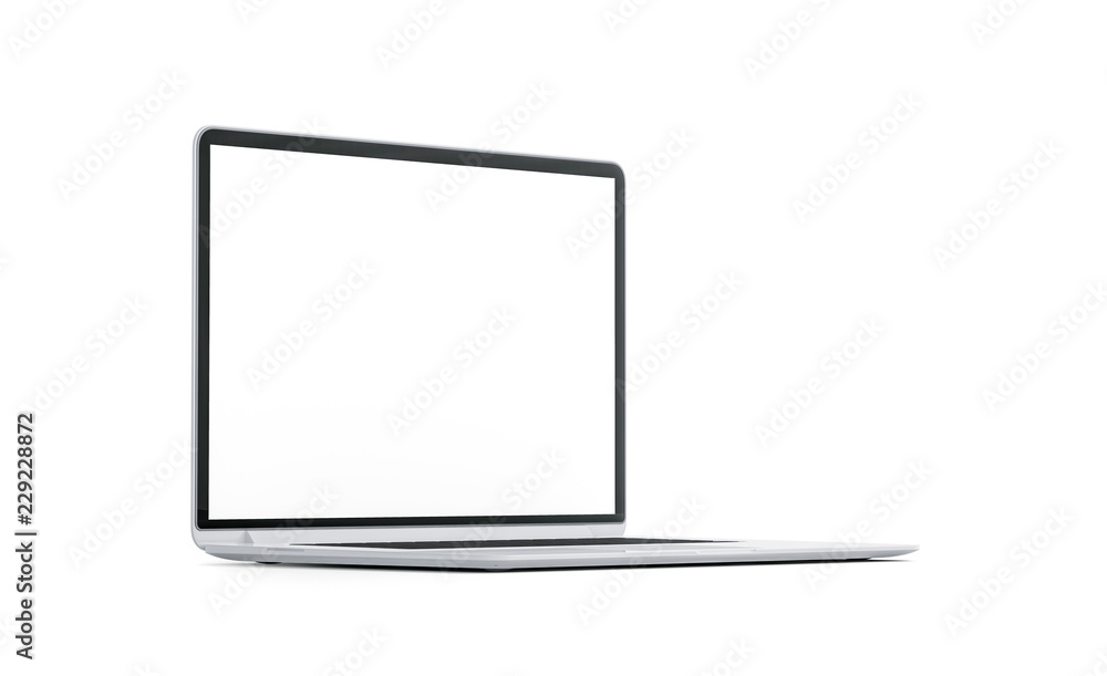 Poster blank white laptop screen mock up, isolated, side view, 3d rendering. empty pc monitor mock up. clea