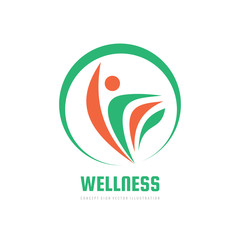 Wellness - concept logo template vector illustration. Abstract human character with wing creative sign. Nature leaves in circle. Healtcare icon. Graphic design element. 