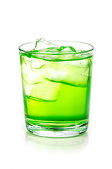 Fototapeta na wymiar green drink with ice cubes on white background