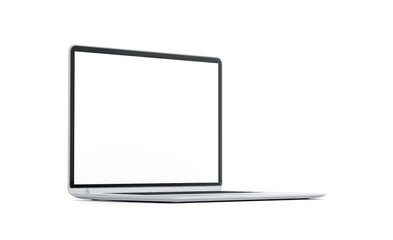 Blank white laptop screen mock up, isolated, side view, 3d rendering. Empty pc monitor mock up. Clear modern computer template. Personal lcd display for network.